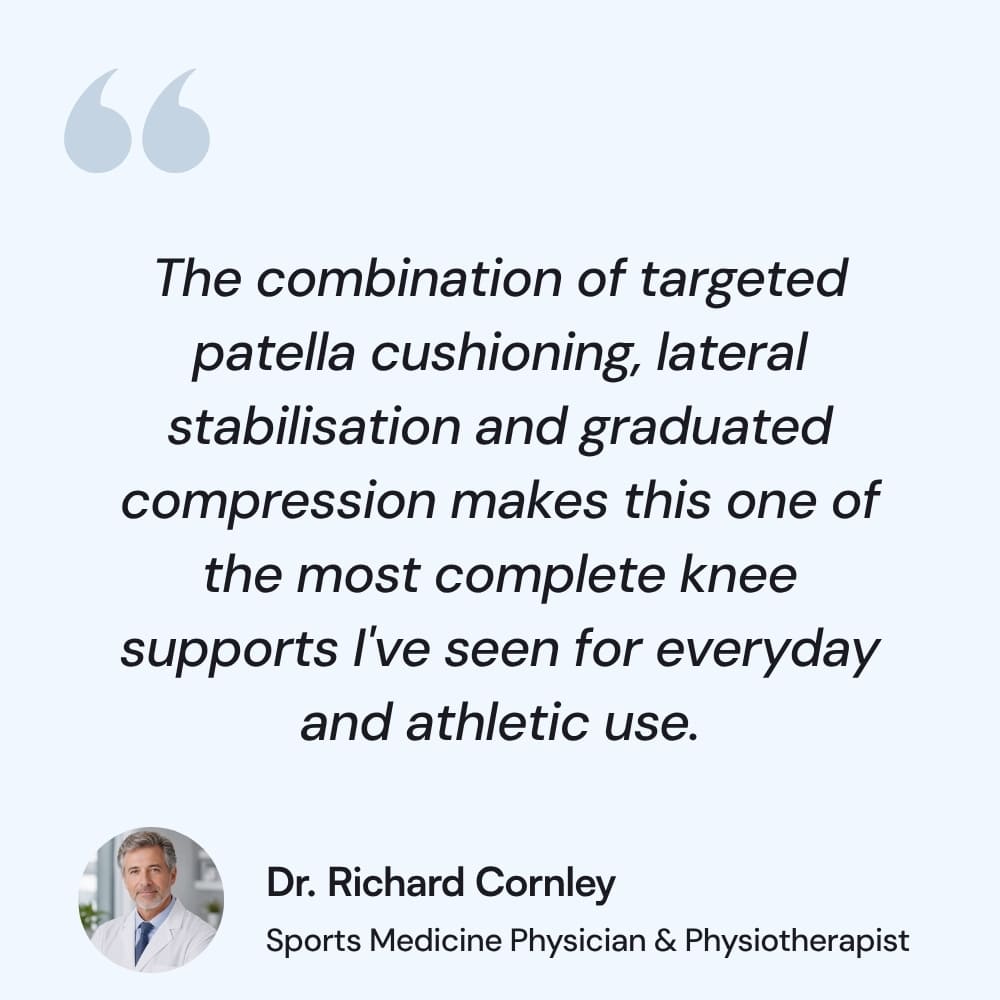 Quote from Dr. Richard Cornley, Sports Medicine Physician & Physiotherapist, about knee sleeve support.