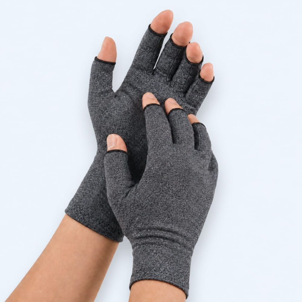 Pair of gray compression gloves on a white background
